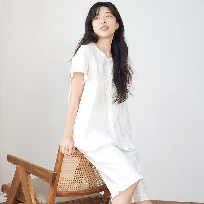 메이플라워 화이트퓨어 반팔 순면 여성 빅사이즈 잠옷 홈웨어 세트