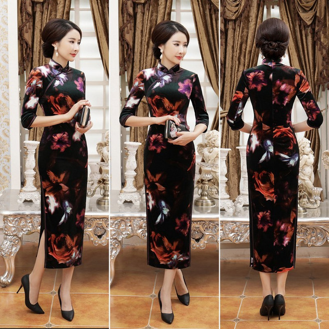 水水女人國 秋冬絲絨旗袍長款中國風復古印花修身宴會演出服媽媽裝大碼洋裝 牡丹