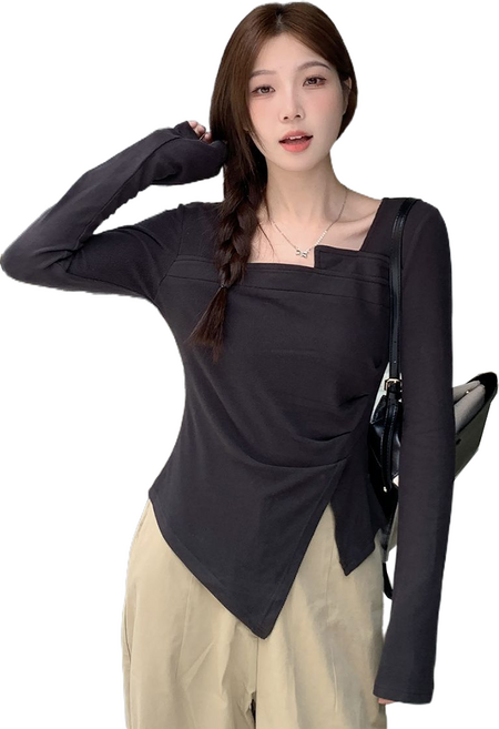 셀럽당 절개 주름 언발란스 슬림핏 언발 가을 겨울 이너 긴팔 티셔츠Q04597