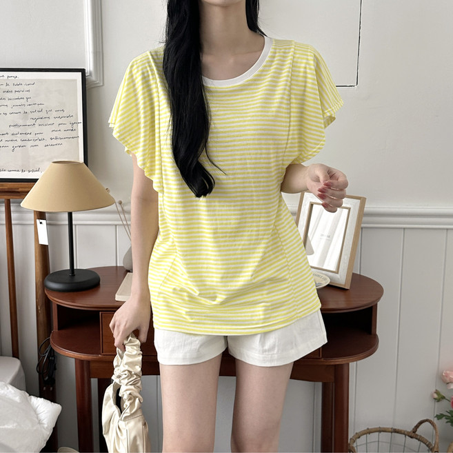 나인테일 여름 여성 스트라이프 면100% 날개 셔링 소매 라운드넥 반팔 티
