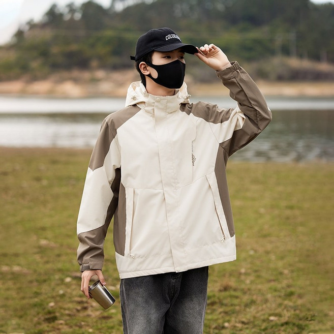 衝鋒衣外套 拚色防風防水透氣登山釣魚保暖休閒外套, 男裝咖啡色(單層),4XL