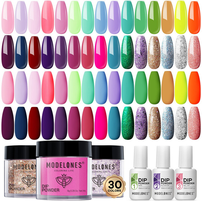 Modelones 28g 딥 파우더 30 색 네일 Glitters 딥 파우더 안료 먼지 DIY 네일 아트 장식 자연 드라이 네일 파워 매니큐어, [31] Base Coat10ml, 1개