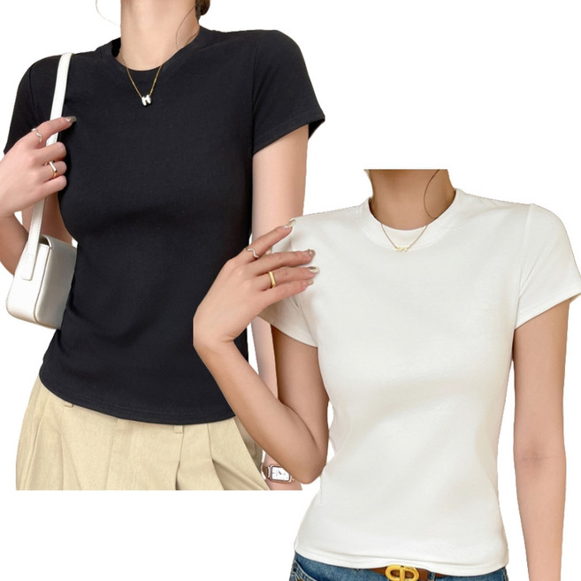 여성 베이직 순면 라운드 반팔 티셔츠 화이트1+블랙1