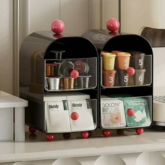 디벨로움 탕비실 커피 티백 캡슐 간식 정리함 보관함 수납함 2단, 1개, 블랙