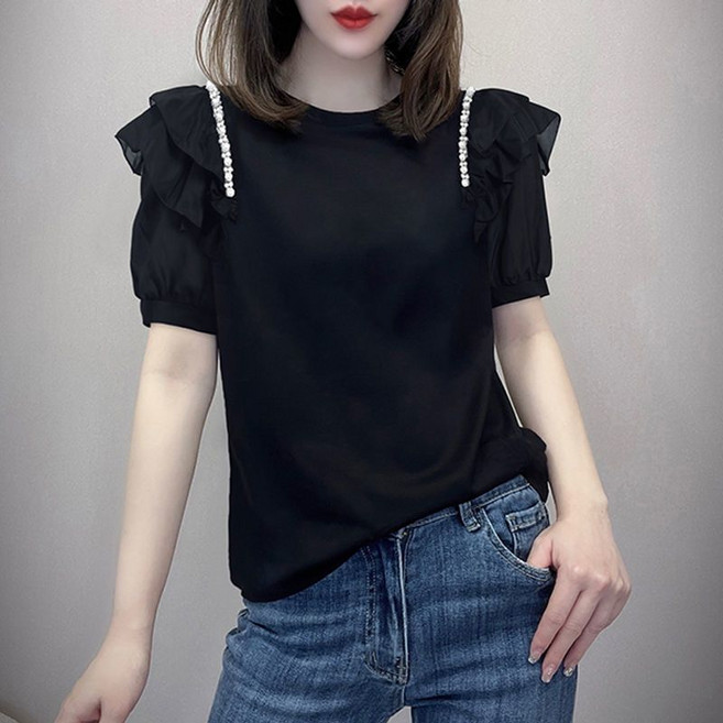 바이스타 여성 여름 순면 반팔 티 프릴 비딩 라운드 상의 M-4XL