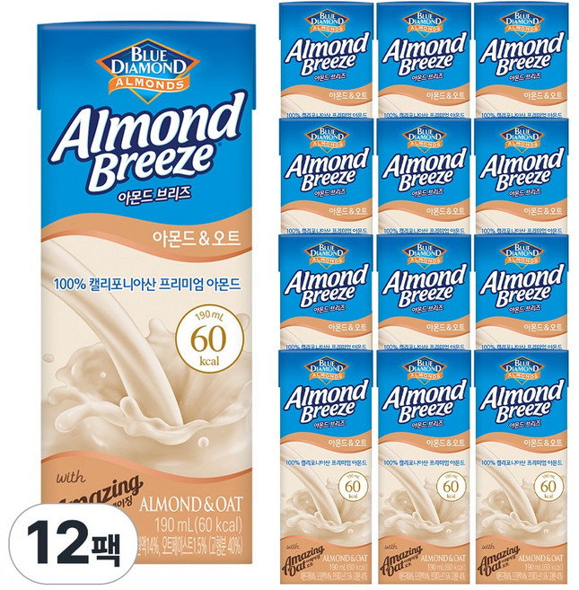 블루다이아몬드 아몬드 브리즈 아몬드 앤 오트, 190ml, 12개