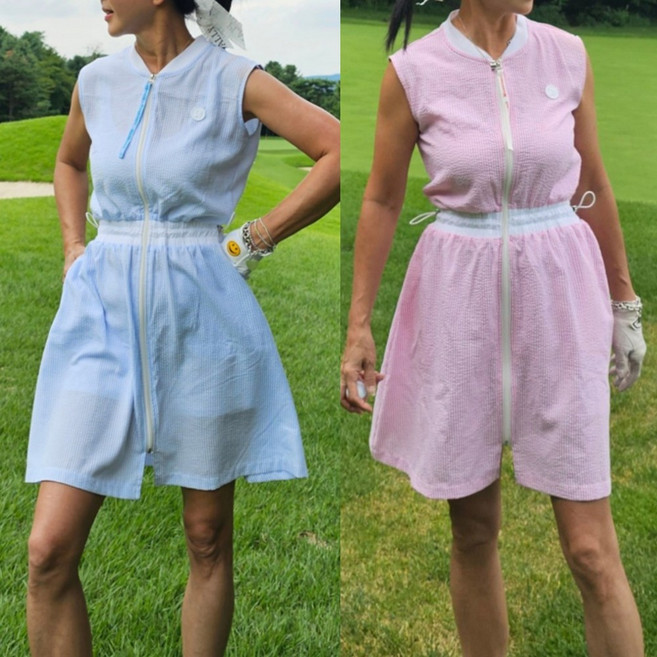 시원한 여성 세로줄 골프 지지미 민소매 원피스 여자골프의류 학생