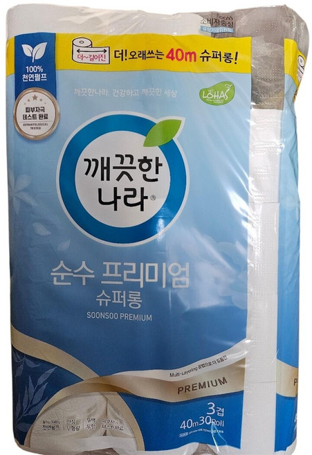 깨끗한나라 순수 프리미엄 슈퍼롱 40m x 30롤 x 2팩, 30개입, 2개