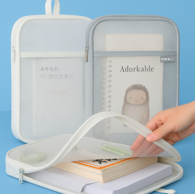 A4 문서 서류 정리 메쉬 파우치 L자형 지퍼 파일케이스 보조가방, 1개, 화이트