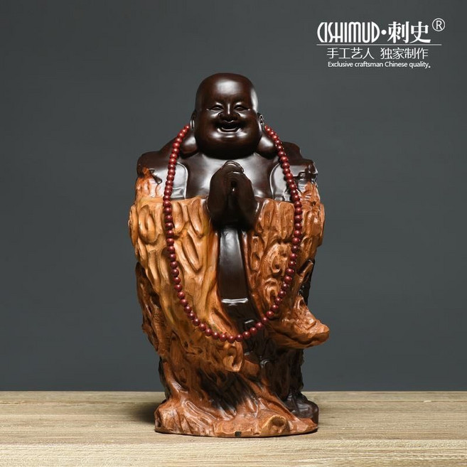 實木雕刻彌勒佛像擺件，招財家居擺飾，客廳玄關工藝品，開業贈禮, B黑檀恭喜發財高20cm