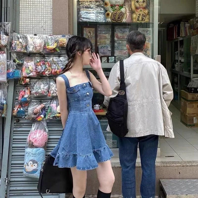 여름 여자 멜빵 스커트 빅사이즈 데님 민소매 A라인 미니 원피스 캐주얼 멜빵 원피스 LCL