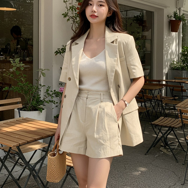 [set] 린넨 여성 투피스 반팔 더블 버튼 자켓 반바지 세트 숏팬츠 셋업
