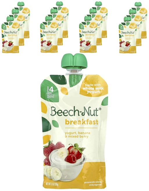 Beech-Nut 브렉퍼스트 생후 12개월 이상 요거트 바나나 & 혼합 베리 파우치 12개 각 99g(3.5oz), BeechNut브렉퍼스트생후12개월이상요거트바나나혼합베, 99g - 쿠팡