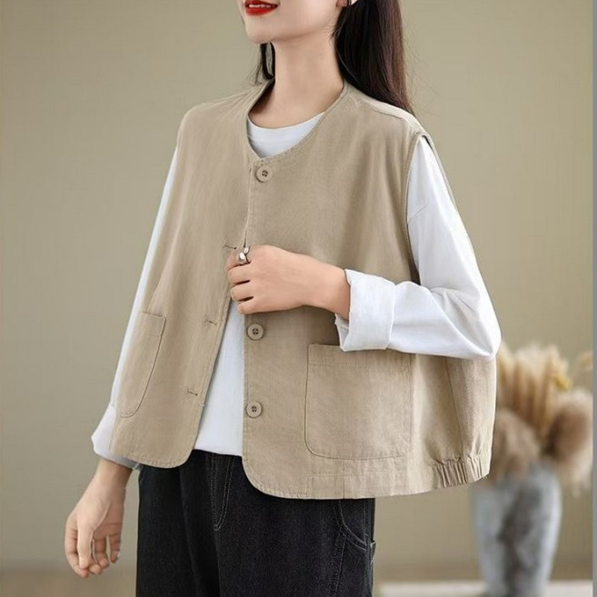 Makone 여성 순면 루즈핏 조끼 라운드넥 솔리드 캐주얼 심플 데일리 빈티지 베스트