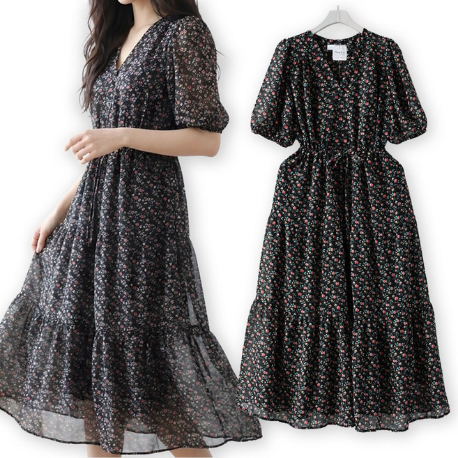 메리앤유 러블리 잔꽃 브이넥 스트링 쉬폰 원피스 휴양지 데일리