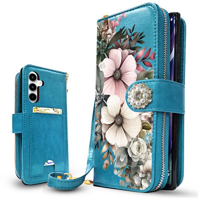 [블루] 외부지퍼빽포켓 글로리사 DIA 포켓 지갑형 수납형 다이어리 내구성 좋은 다이어리 핸드폰 케이스 + 손목 줄 가죽 스트랩