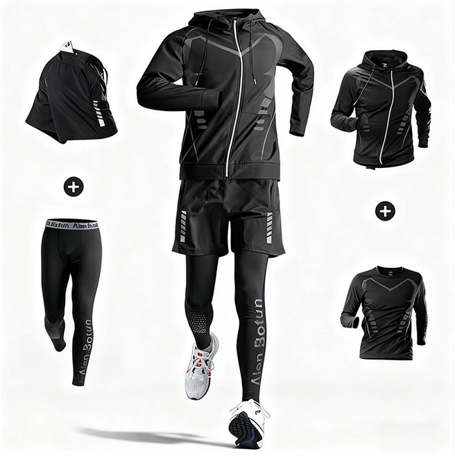 남성용 트레이닝복 상하의 세트 4종세트 긴 코트+긴팔상의+반바지+타이즈 세트