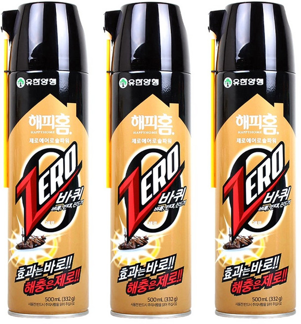 유한) 해피홈 제로 에어로솔 파워 500ml (약국용) 바퀴 벼룩 빈대 진드기 퇴치, 3개