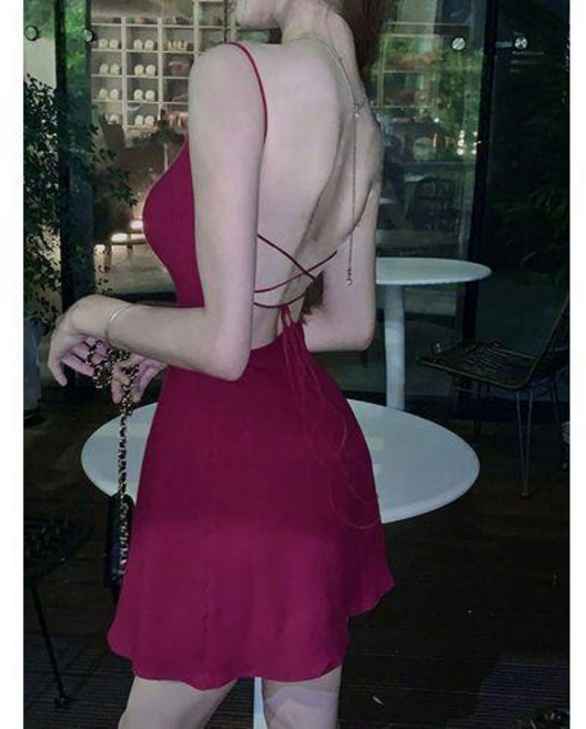 優選 小個子吊帶洋裝夏收腰法式性感露背別緻設計感裙子 副廠產品, 紅色,L建議51.0-57.5公斤, 紅色