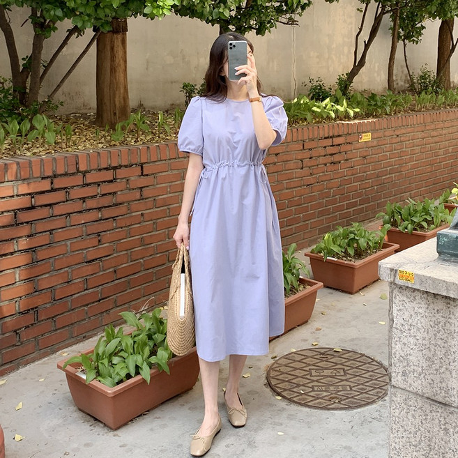 큐니티 여성용 썸머 바스락 퍼프 소매 허리 스트링 플레어 롱 원피스 (4color)