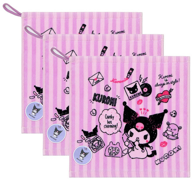 산리오 쿠로미나염핸드 고리수건, 3개, 분홍