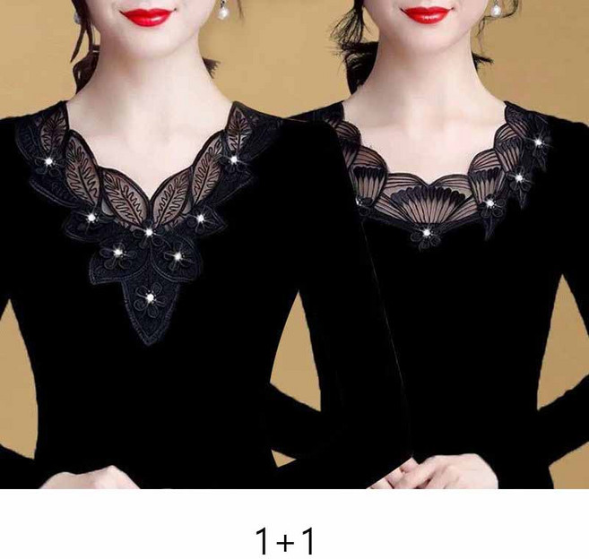 1+1 중년 여성 긴팔티 봄 가을 패션 긴팔 레이스 탑 우아한 디자인 고급 스타일 YLP