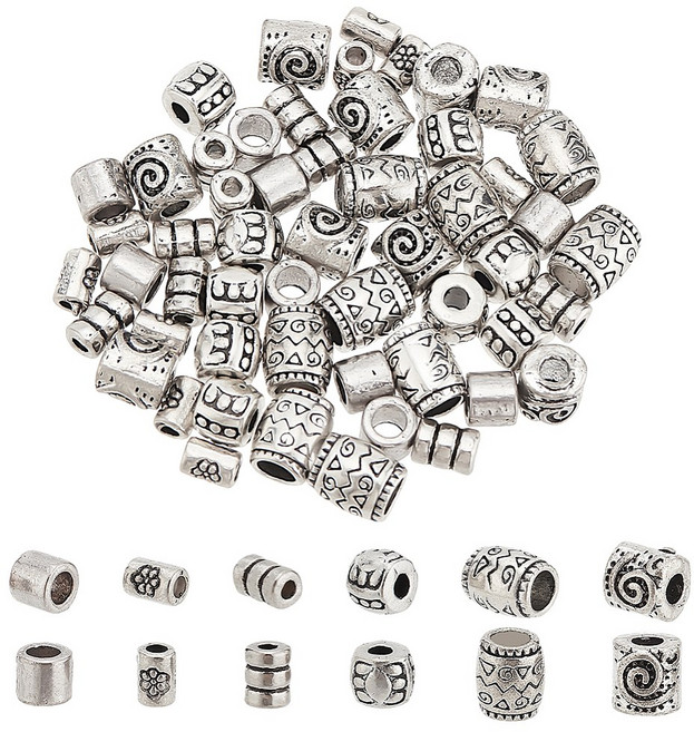 60개 6가지 스타일의 티베트풍 합금 스페이서 비즈 카드뮴 및 납 무함유 기둥형 디자인 앤티크 실버 크기: 5~8x3.5~6.5mm 구멍 크기: 1~4mm, 은색