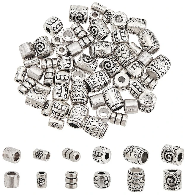 60개 6가지 스타일의 티베트풍 합금 스페이서 비즈 카드뮴 및 납 무함유 기둥형 디자인 앤티크 실버 크기: 5~8x3.5~6.5mm 구멍 크기: 1~4mm, 은색 - 쿠팡