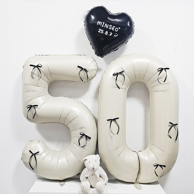 올리브파티 50일 셀프 촬영 하트 숫자 레터링 풍선 세트, 7 리본 베이지블랙, 1세트