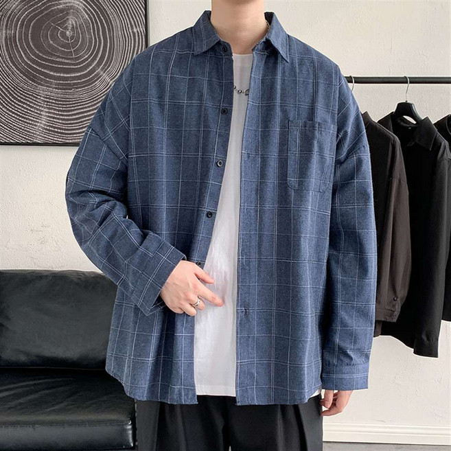 봄가을 봄 간절기 편안한 스타일 루즈핏 셔츠 남성용 체크무늬 긴팔 캐주얼 셔츠