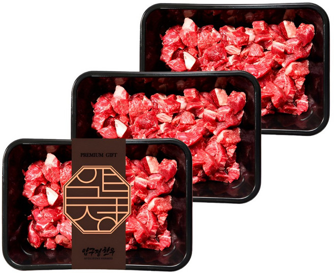 1++등급 한우 국거리 600g(200gx3) (냉장) 설도 설깃 목심 혼합 국거리용 세절 미역국 곰탕 장조림 정육 투뿔 마장동 프리미엄 국내산 소고기 [압구정한우], 200g, 3개