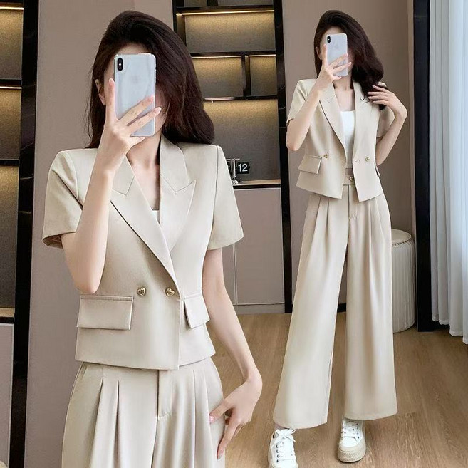 Asure 여성 오피스룩 투피스 세트 정장세트 반팔자켓+와이드팬츠