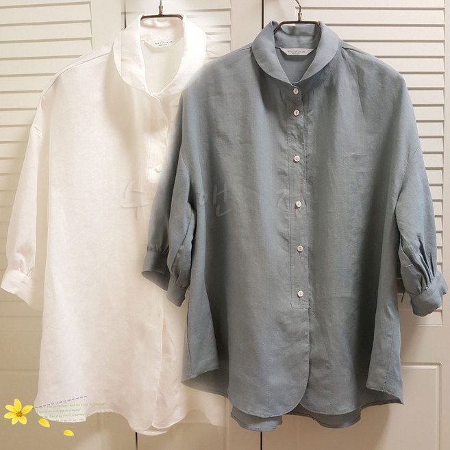 수앤정 BL07 린넨 루즈핏 빅사이즈 둥근카라 7부 봄 여름 블라우스 마블라우스