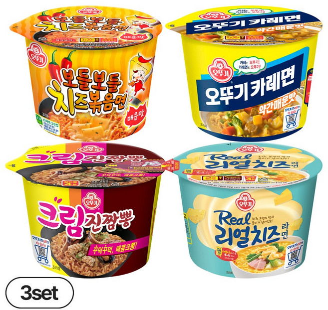 오뚜기 리얼치즈라면 120g 3개+오뚜기카레면 110g 3개+크림진짬뽕 105g 3개+보들보들치즈볶음매운맛 100g 3개(총 12개), 12개