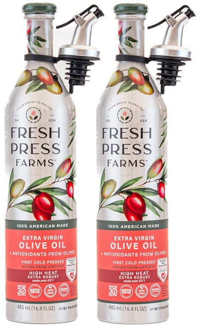 Fresh Press Farms 냉압착 하이 폴리페놀 퓨어 골드 엑스트라 버진 올리브 오일 500ml16.4온스 2팩 조지아 재배 100% 미국산 비정제 Whole30, 고온, 2) 고온, 485ml