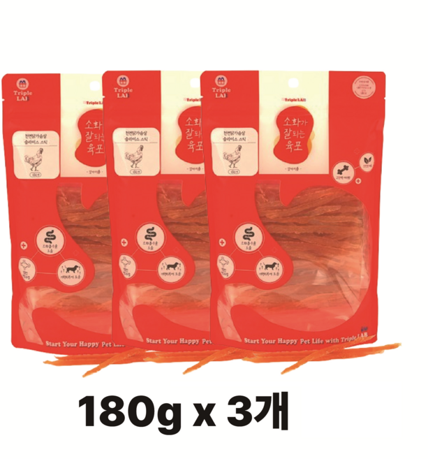 Triple LAB 강아지간식 소화가 잘되는 육포, 3개, 180g, 천연 닭가슴살 슬라이스 스틱