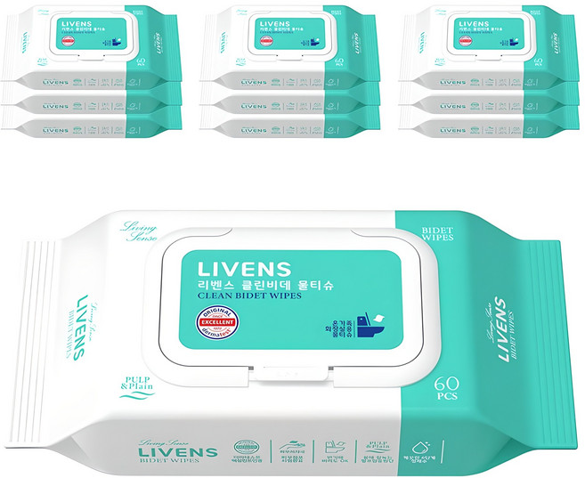 리벤스 소프트 클린 화장실 비데 물티슈 캡형, 55g, 60매, 10개