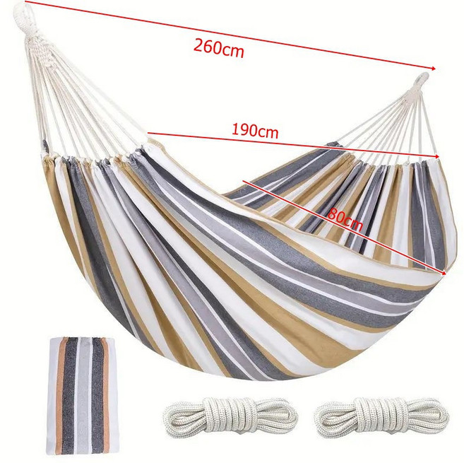 吊牀戶外單雙人防側翻加厚帆布學生室內宿舍寢室鞦韆成人睡覺吊椅, 1個, 260*80cm咖啡條紋無木棍:如圖