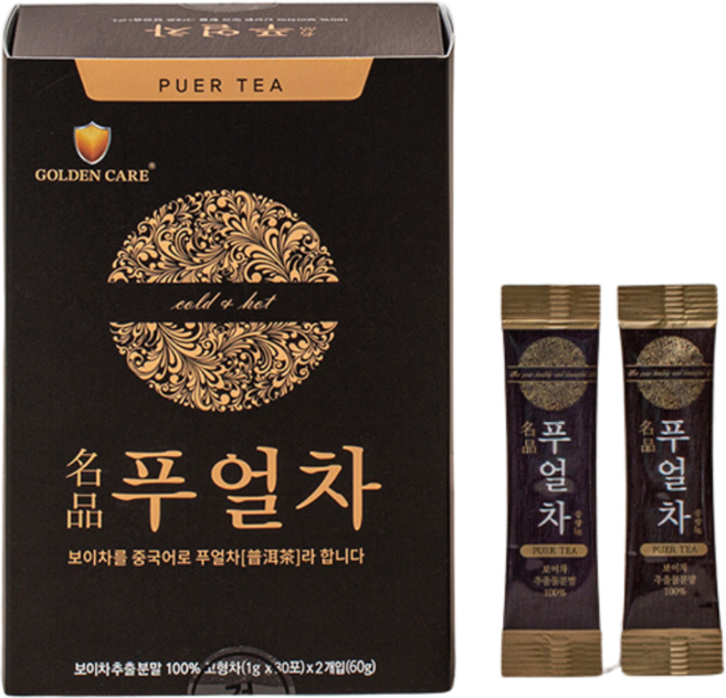 [골든케어] 명품 푸얼차 중국 운남성 보이차 추출 발효 분말 스틱 가루 20배 고농축, 1세트, 60개입, 1g
