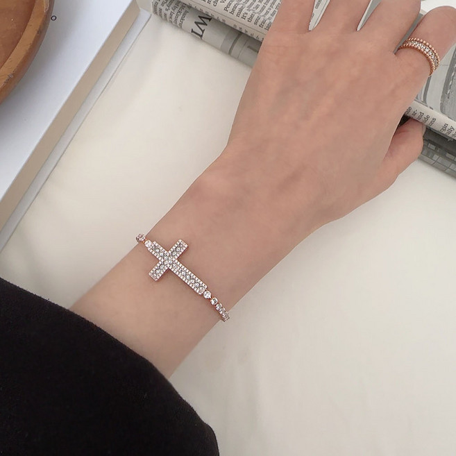 르부포유 써컬스틸 길이조절 십자가 큐빅 팔찌 2color