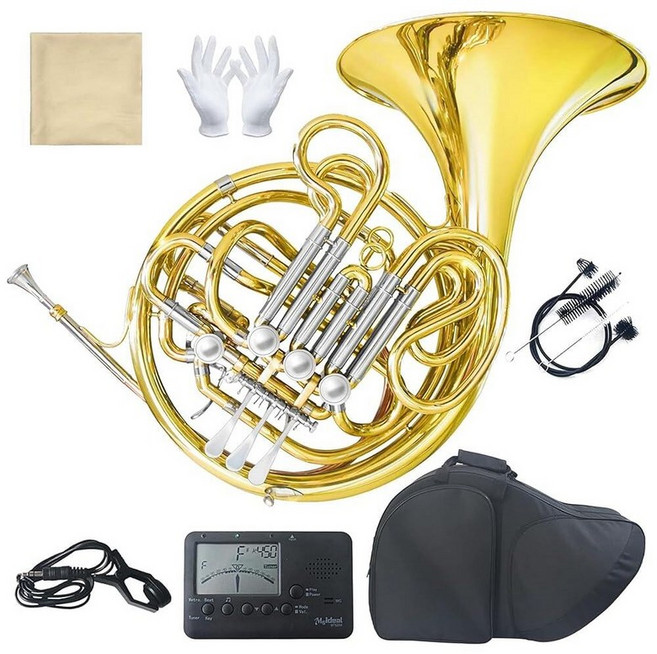 더블 프렌치 호른 (Fb/Bb) 4키 골드 래커 - 케이스 마우스피스 및 클리닝 키트가 있는 중간 황동 악기 콘서트 밴드 솔로 공연을 위한 완벽한 액세서리 키트 (실버) 13