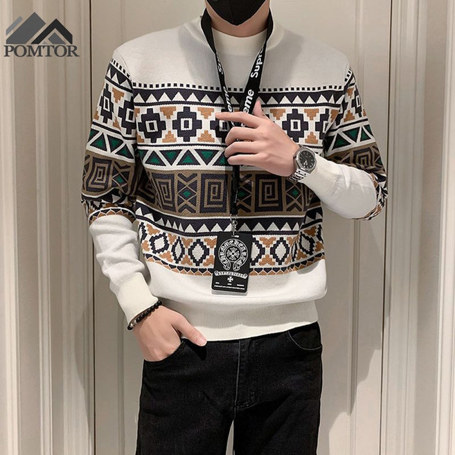 POMTOR 가을 겨울 남성 스웨터 긴팔 라운드 패션 니트