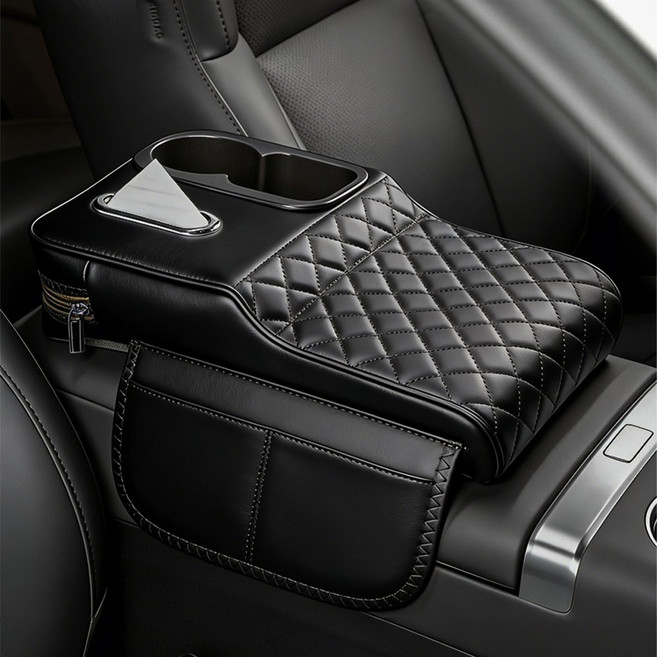 SEVOREN 다기능 자동차 팔걸이 쿠션 대용량 티슈 보관함 팔꿈치 받침대 고탄성스펀지 컵홀더 수납포켓 차량용 콘솔쿠션, 1개, 블랙