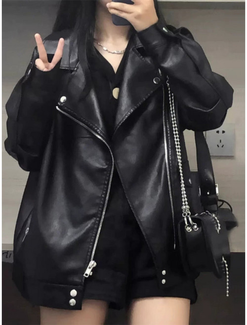 ANYOU 여성 가죽 자켓 루즈핏 라이더 자켓 봄 가을 패션 오버핏 집업 캐주얼 아우터