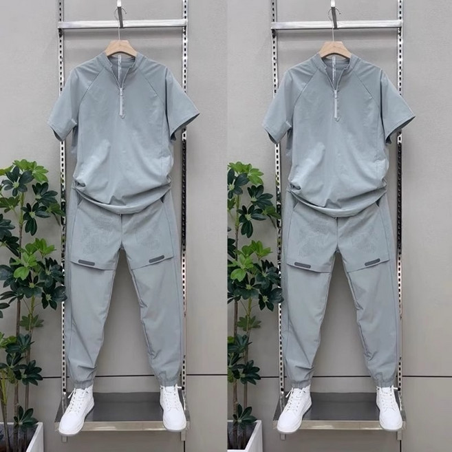 남성 여름 트레이닝세트 반집업 반팔티 조거팬츠 쿨링 기능성 운동복