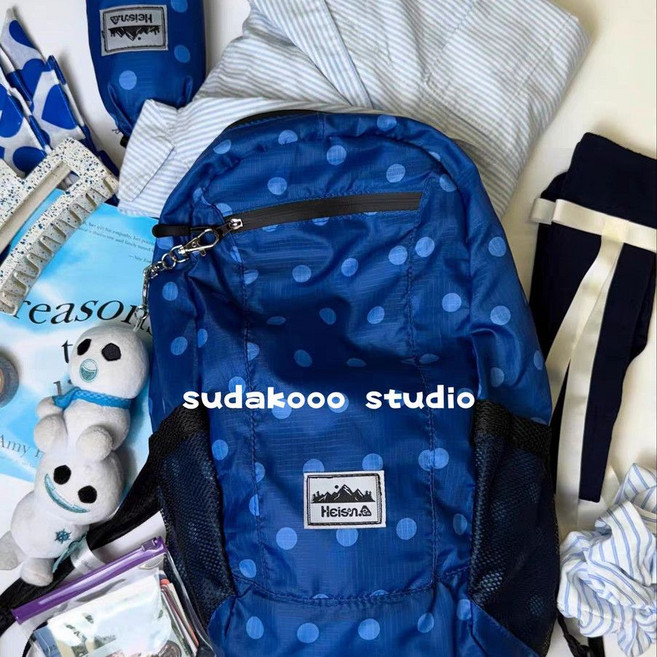 韓國新款 heisan25 秋季尼龍輕薄圓點韓系雙肩包, 1個, 深藍色