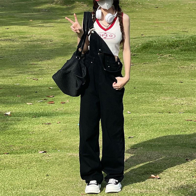하이웨스트 슬림핏 날씬해 보이는 루즈핏 데님 멜빵 팬츠 와이드 롱 팬츠 데님 팬츠 점프슈트 게스점프수트 와이드핏 오버사이즈 캐주얼 단색 포켓 조거 심플 데일리룩