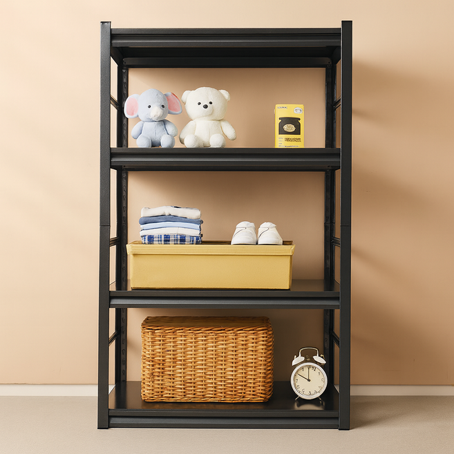 무볼트 튼튼한 조립식 듀라랙 철제선반 팬트리 앵글 경량랙 중량랙 베란다선반 수납장 고릴라랙, 4단, 블랙