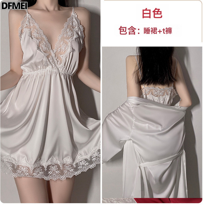 DFMEI 瑰若品牌性感深V長袖繫帶睡袍緞面蕾絲吊帶裙睡衣女家居服套裝267
