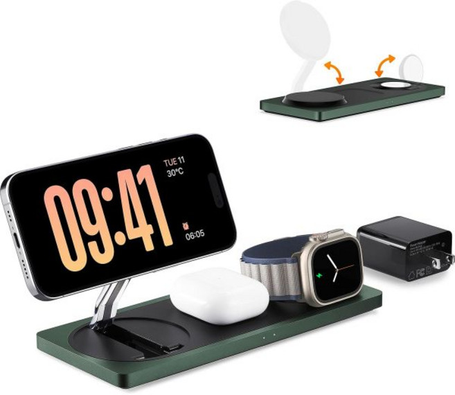 PETINO 애플 기기용 호환 3-in-1 충전 스테이션 아이폰 및 워치 맥세이프 호환 충전기 스탠드 1615141312 1-9울트라 에어팟 3 프로 무선 호환, Alpine green, 1개